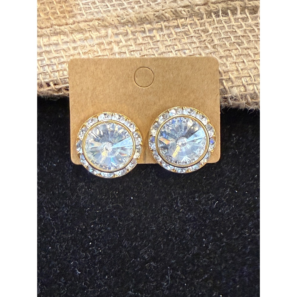 Vintage Gold Tone Clear Crystal Halo Statement Stud Earrings Rhinestone Rivoli
